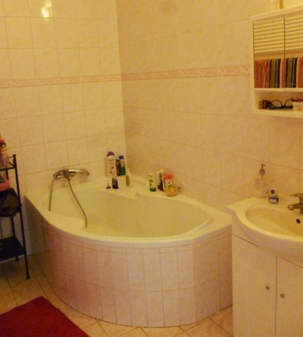Bathroom with huge bath tub and washing machine