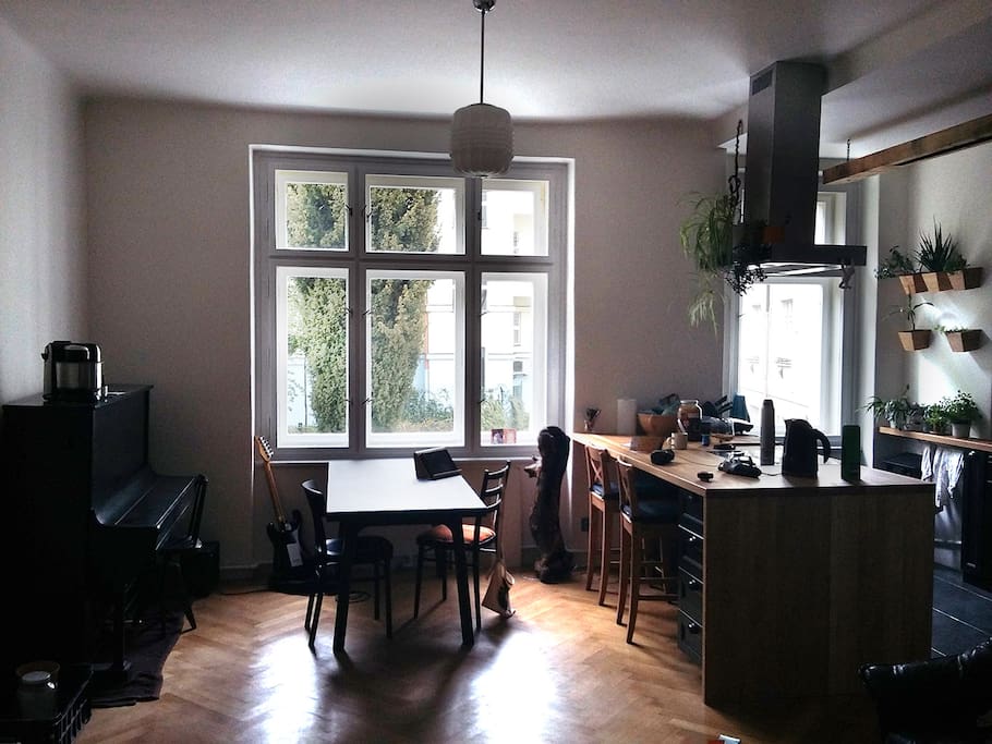 Spacious renovated living room with kitchen