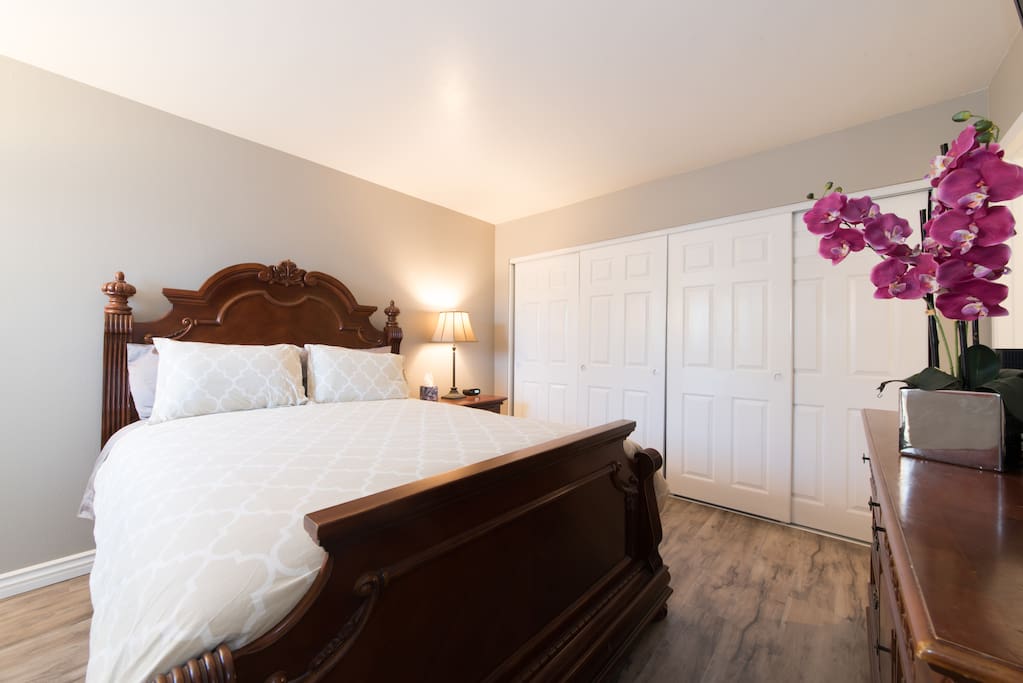 Master bedroom with queen bed and large closet area