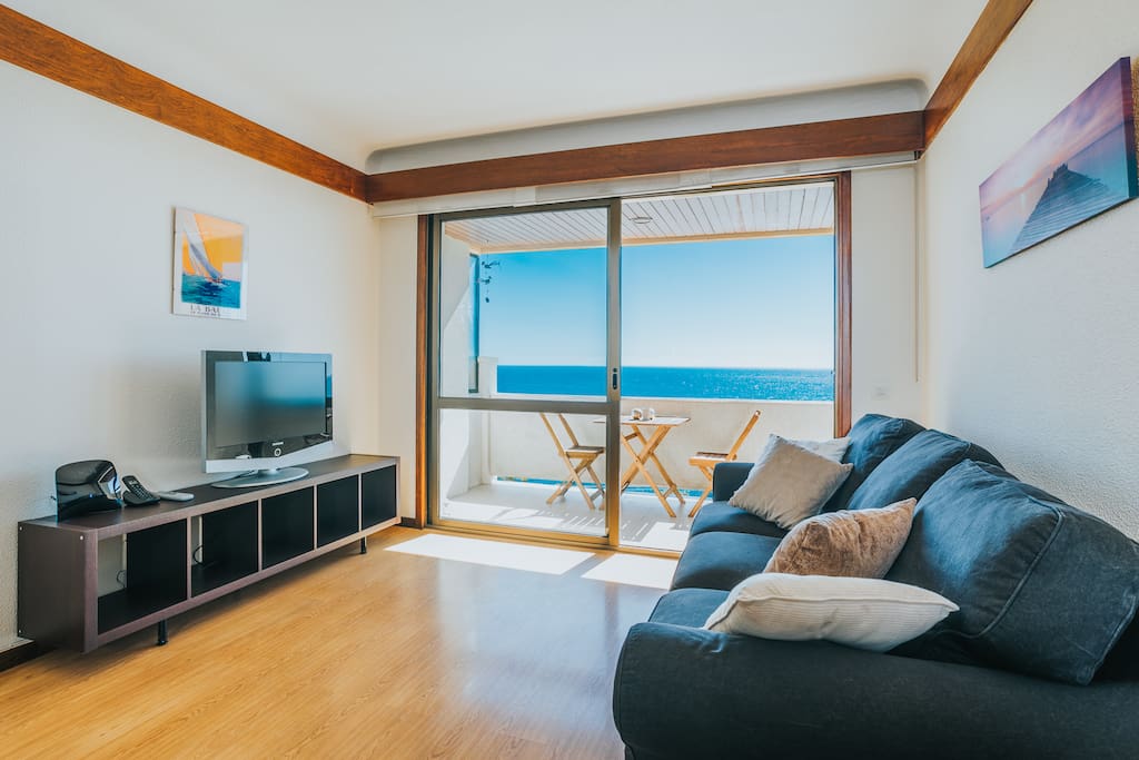 Cozy living room with ocean views