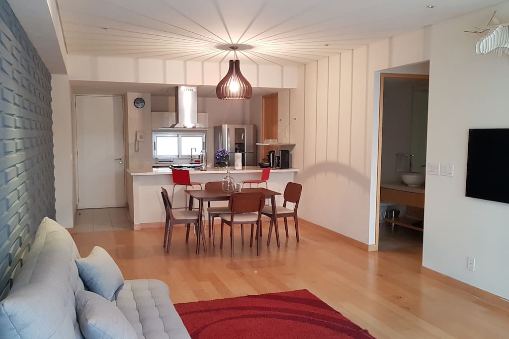 Everything you need is here (TV + sofabed + dining room + full kitchen w/ refrigerator + spacious room)