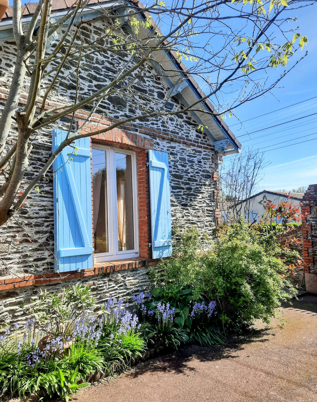 A charming stone exterior of the house is highlighted by soft blue shutters framing a window. Lush greenery and blooming flowers contribute to the inviting landscape alongside a sunlit pathway.