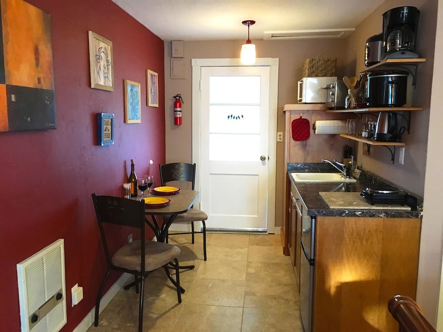 Galley kitchenette with bistro seating