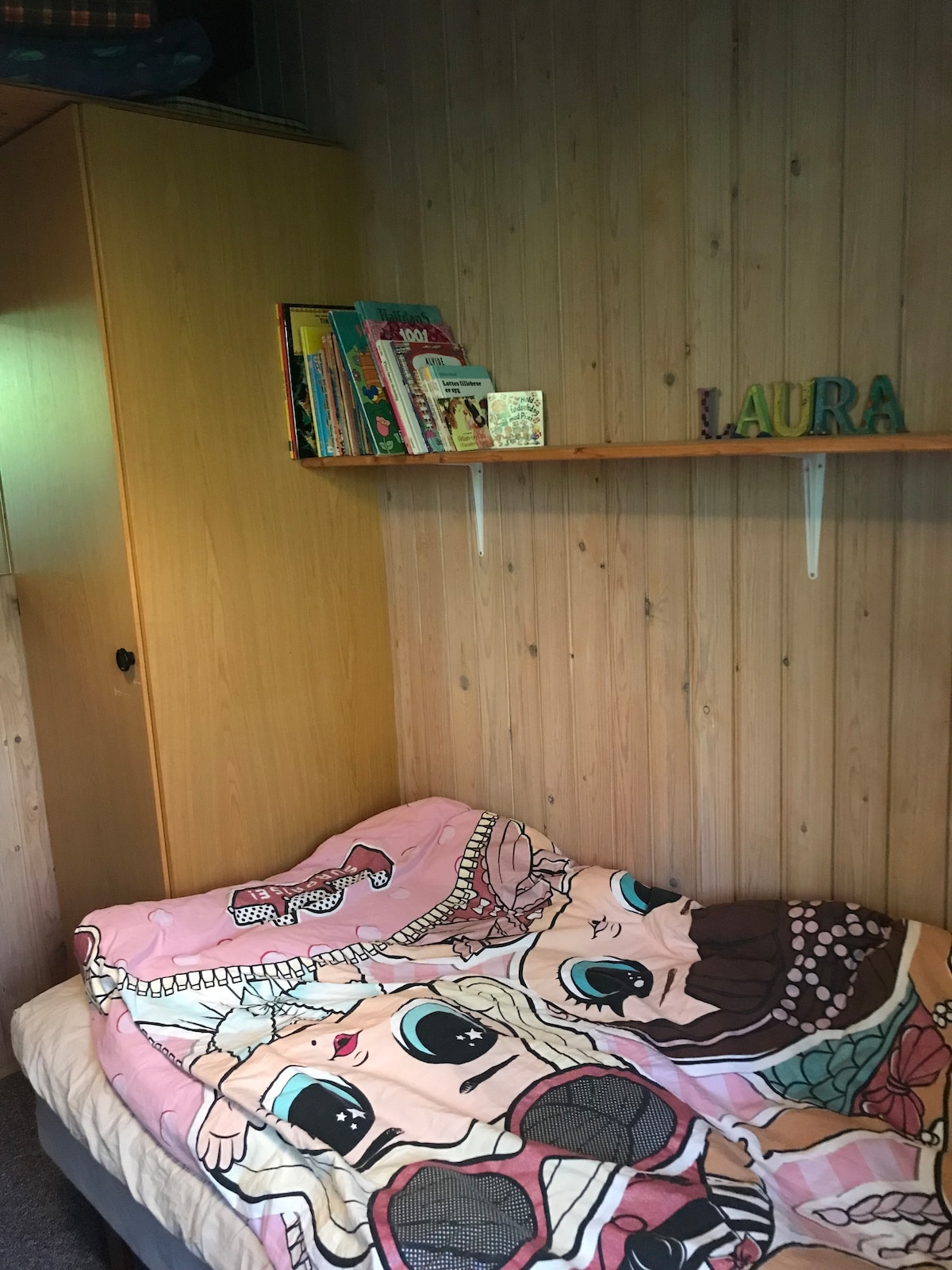 Habitación con 2 camas individuales, armarios y libros para niños