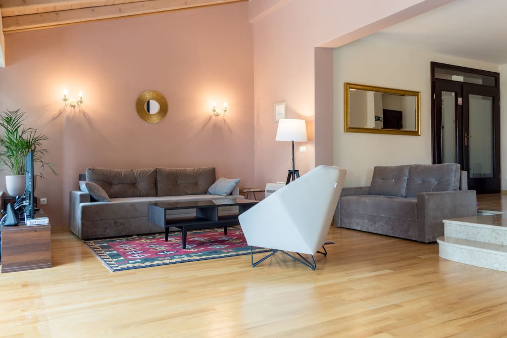 Huge living room connected with kitchen and dining area