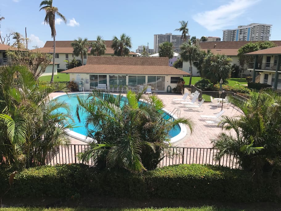 View of the pool from the studio/private storage area for our guests with complimentary beach equipment