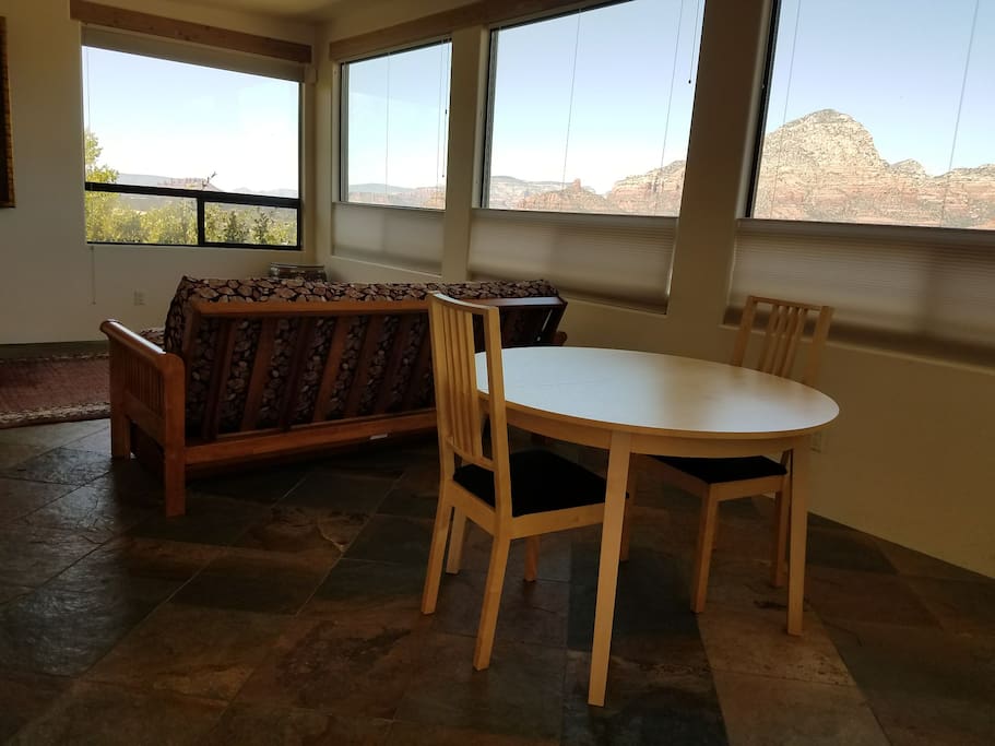 Open great room concept with large and small picture windows throughout the well-appointed casita. Indian slate floors in every part of the entire casita.