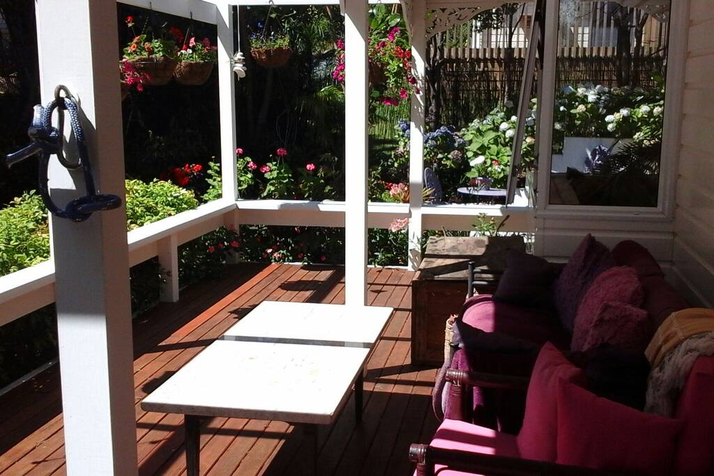 Morning Sun lights the deck, a perfect spot to sit and ponder the day's activities.