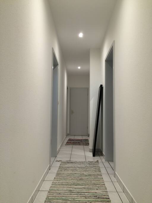 Couloir entrée - Salon, Salle de bain, chambre au fond
