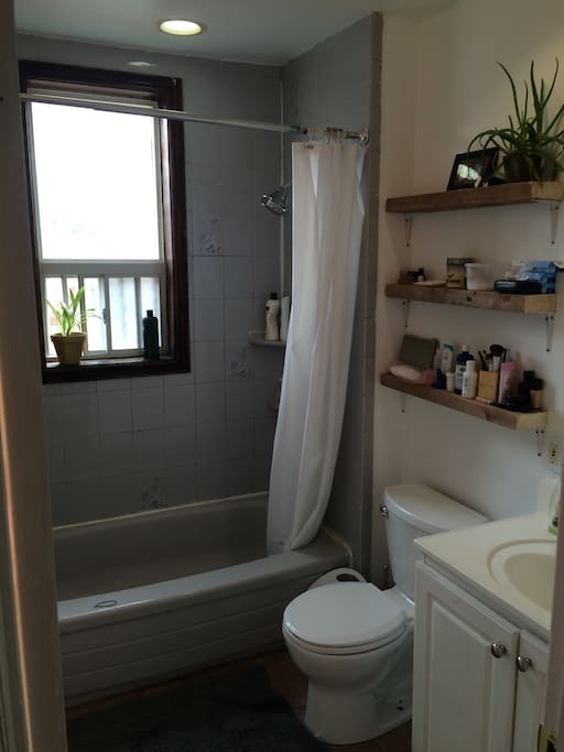Clean bright bathroom, ugly but functional tub.