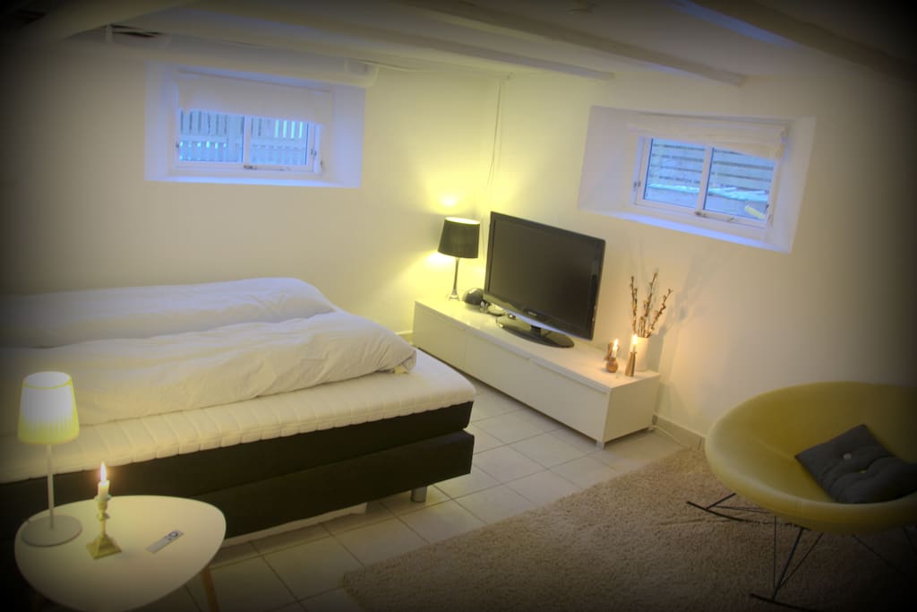 BEDROOM 2: located in high and bright basement + private entry & bathroom & kichenette + classical Danish design + premium quality bed + deluxe Danish duvets + big flatscreen tv (free Netflix/tv) + private, direct access to the garden