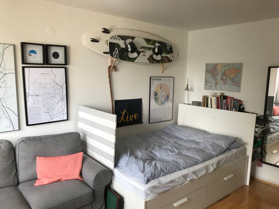 The 2 person bed and the pull-out sofa.