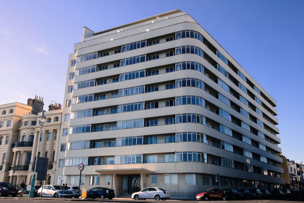 Embassy Court, the beautiful 1930's Modernist icon. The apartment is on the top floor at the very front of the L-shaped building, directly facing the sea.