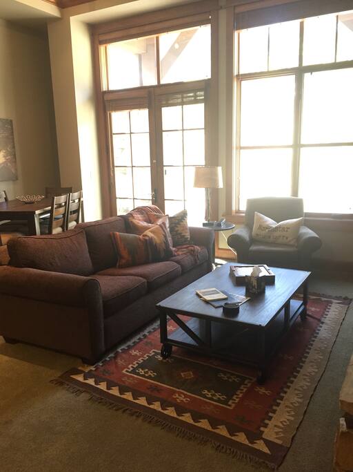 Open Great Room with Fireplace and Flat Screen TV