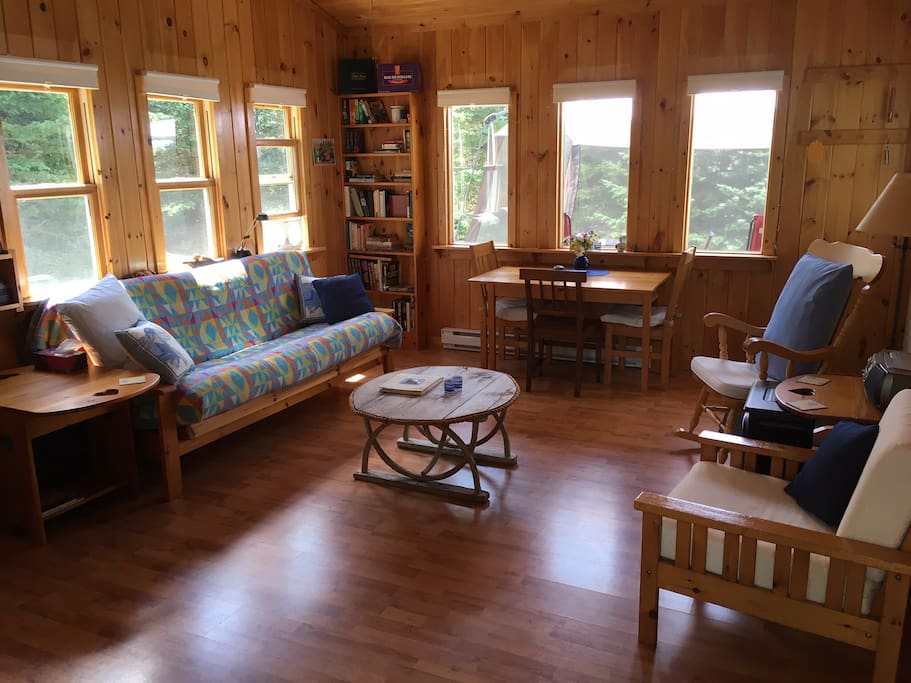 From the back door. Games and books in the corner.