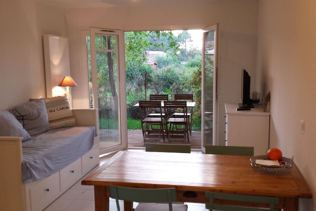 Le salon est ouvert sur la terrasse avec une jolie vue sur forêt