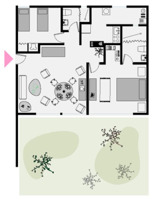 Our 100sqm / 1018sqft 2 bed apartment is located at ground level offering easiest access to gardens and pools :)