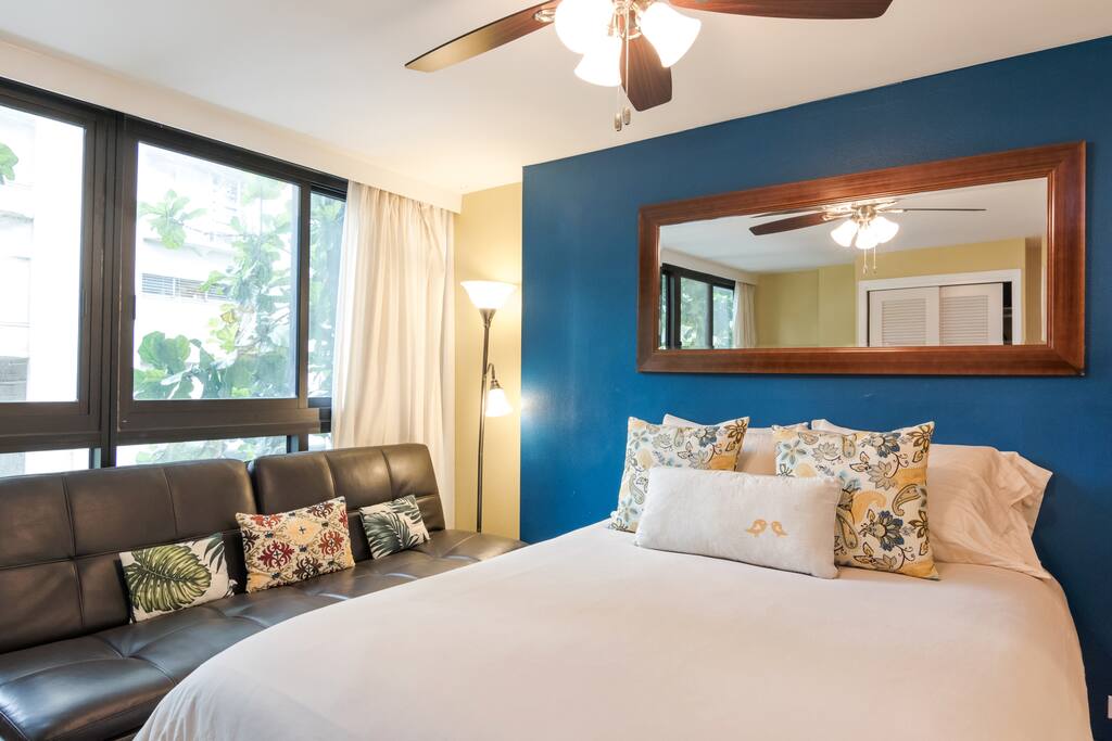 Ceiling fan to cool off the room plus quiet air conditioner in unit