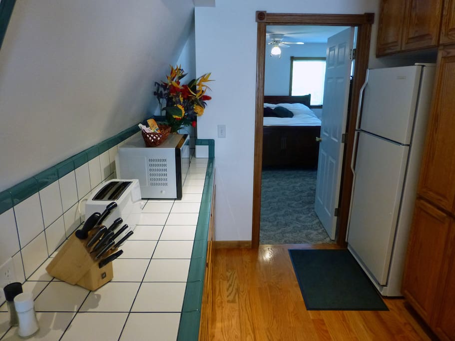 The apartment has a refrigerator and microwave for use of guests