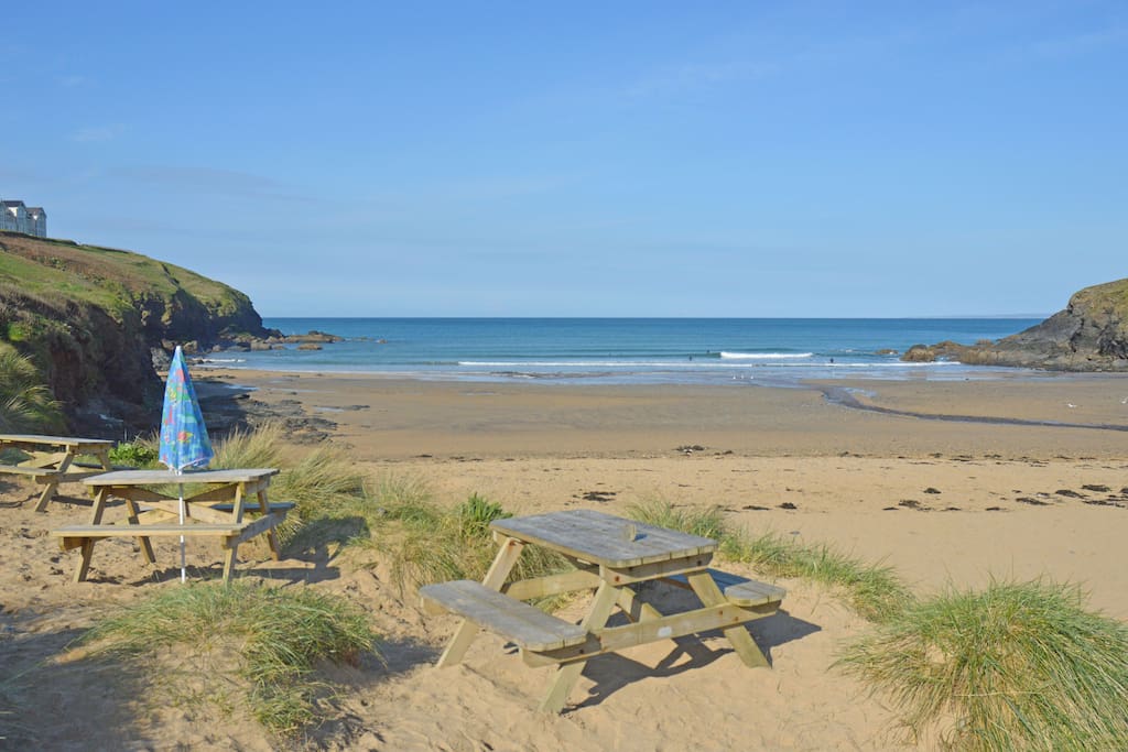 The stunning view of Poldhu Cove from the Beach cafe just one minute's walk from the cottage.
