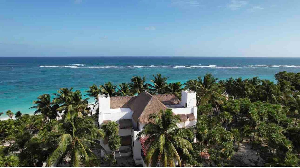 A spacious house is surrounded by lush greenery and palm trees, situated near a tranquil turquoise sea. The carefully designed roof features traditional thatch, while the open landscape provides a serene connection to the beach and ocean, enhancing the overall natural beauty.