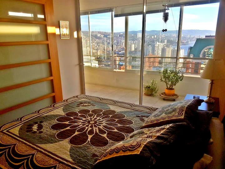 Mionekano ya bahari na jiji kutoka kwenye chumba kikuu cha kulala