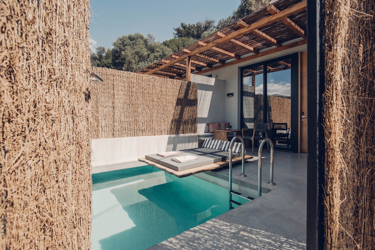 A private pool area is framed by natural thatched walls, providing privacy and a tranquil setting. Lounge cushions are positioned beside the pool, inviting relaxation. Sunlight reflects off the water, enhancing the inviting atmosphere and highlighting the outdoor design.