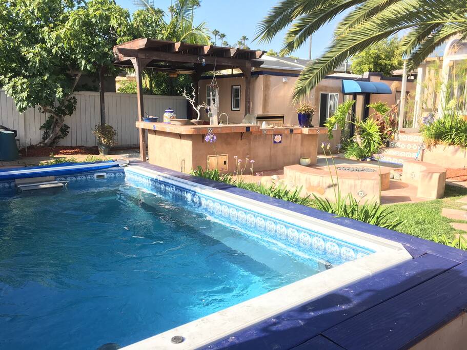Pool gets heated automatically every day. BBQ grill and seating area outside