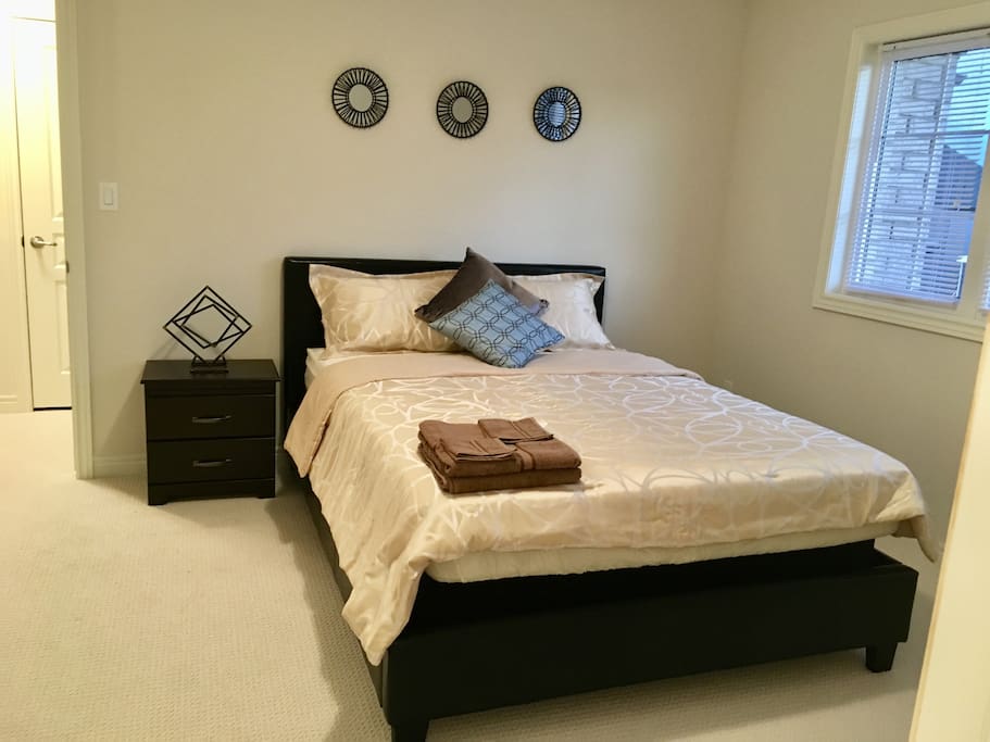 queen size bed with bright windows, attached walk-in closet and attached washroom