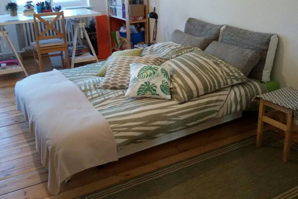 Opened bed sofa in the living room (for two persons)