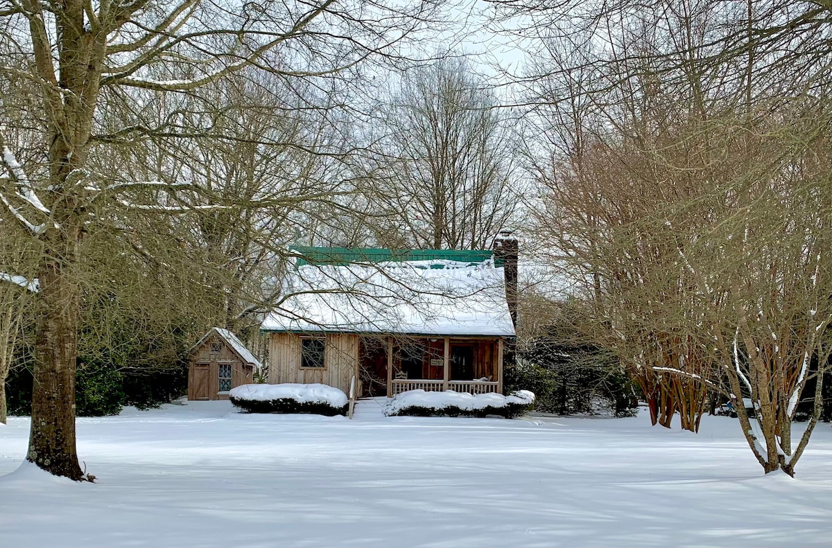 A charming cabin is nestled among leafless trees, surrounded by a blanket of fresh snow. The roof is adorned with a light dusting of snow, while the porch invites warmth. A small shed is visible to the left, blending with the serene winter landscape.