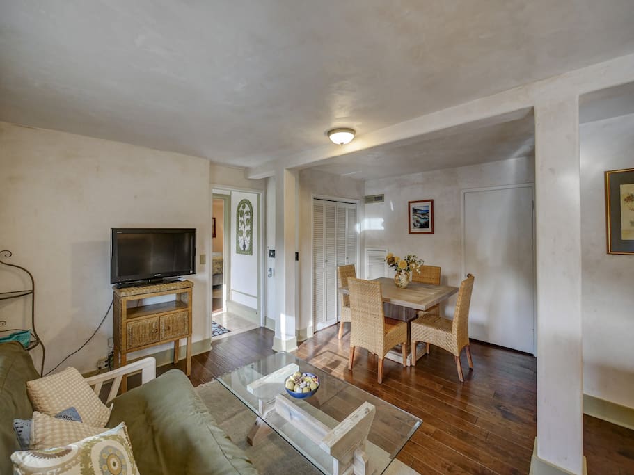 Cozy living room looking towards dining area