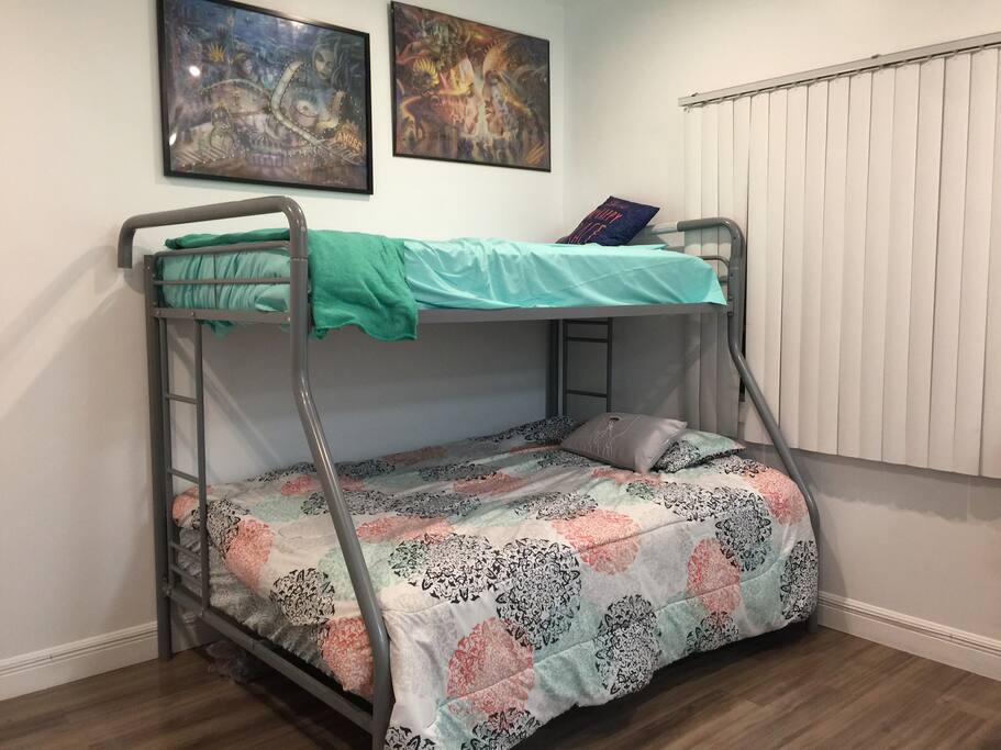 Bunk bed- full on bottom twin on top. Super comfy mattresses and lots of extra blankets.