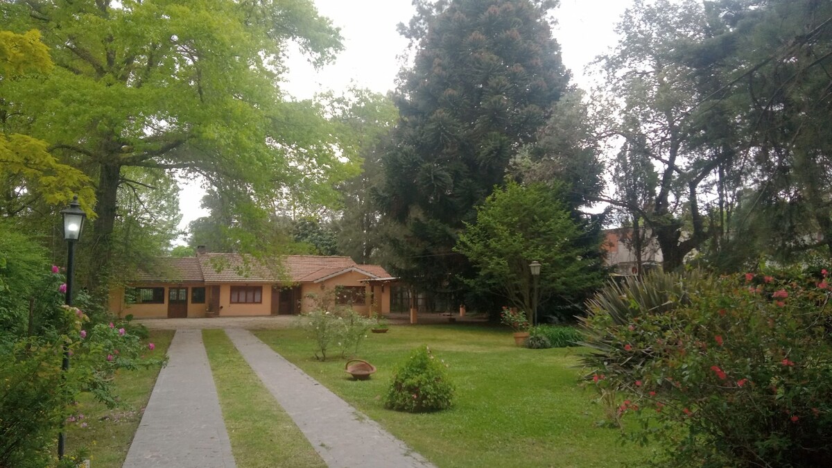 A well-maintained garden surrounds the accommodation, featuring a pathway leading to a single-story structure. Large trees offer shade, while flower beds add color and texture. The building's wide windows provide views into the inviting interior.