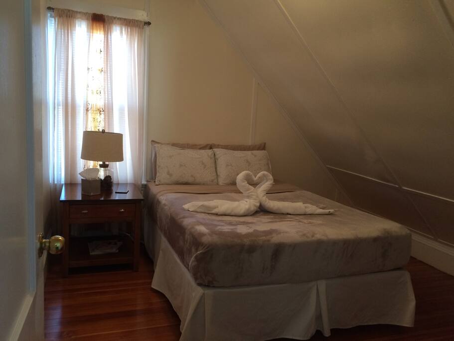 Cozy and comfortable queen bed.