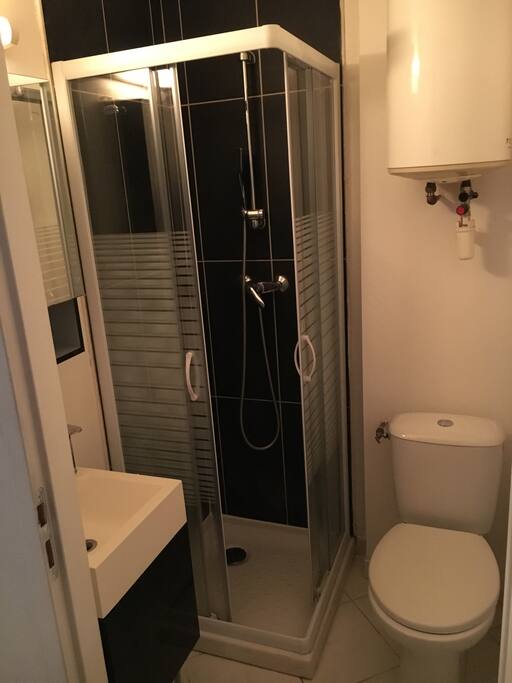 salle d'eau avec douche, lavabo, et toilettes