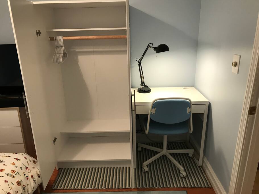 A large wardrobe and a study desk for your convenience