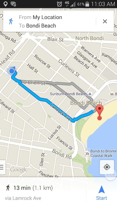 I can walk to the beach in under 10 minutes but google maps must walk a little slower... :) It's one flat, straight walk down through the center of bondi's cafe area to famous Bondi beach.