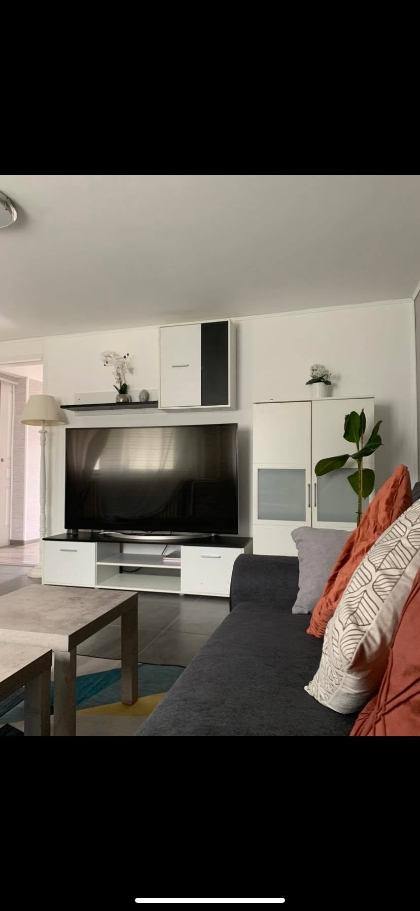 A modern living area is showcased, featuring a large flat-screen television mounted on a sleek white entertainment unit. A comfortable dark sofa with decorative cushions is positioned in front, complemented by a light wooden coffee table. A potted plant adds a touch of greenery to the space.