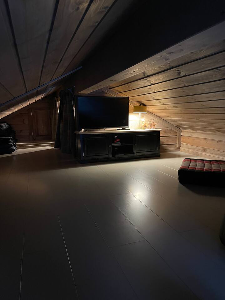 Loft. TV, PlayStation a 3 samostatné matrace. Nízke stropy, ale pekné pre deti. 