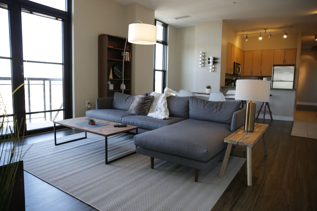 Brand new couch, coffee table, rug and lighting.