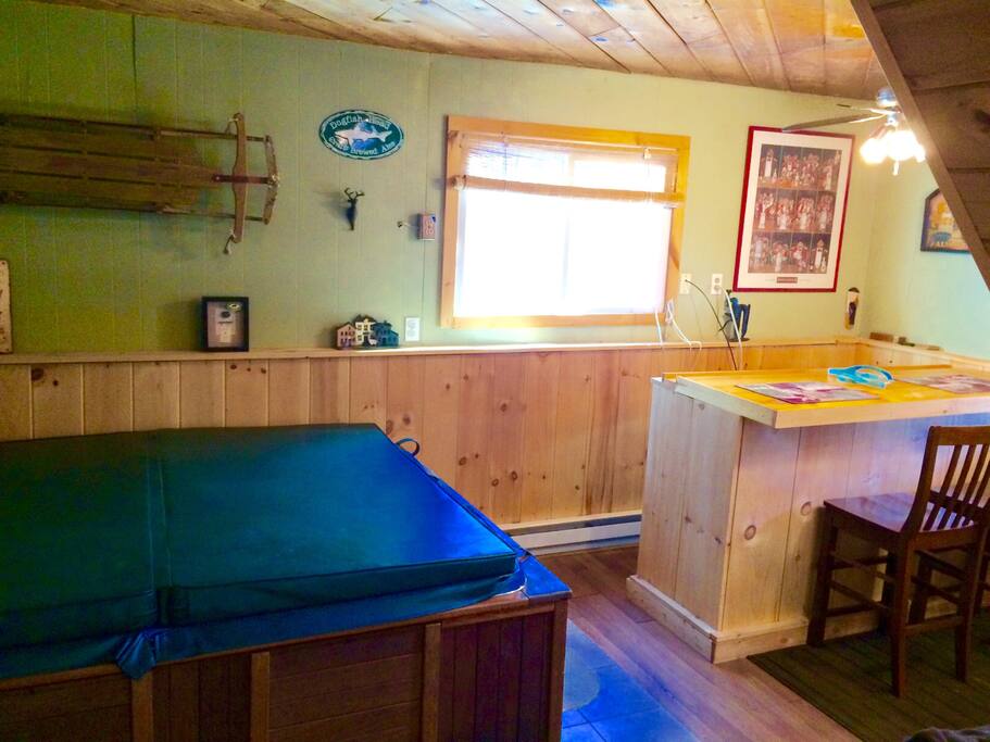 The other half of the downstairs has a bar and hot tub