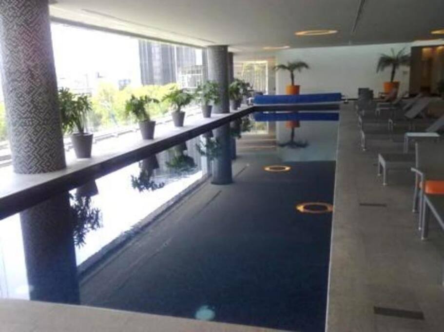 En las amenidades del edificio, alberca y gym