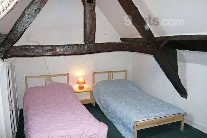 habitación 2 camas individuales + 1 cama pequeña - vigas originales, ventana de techo 