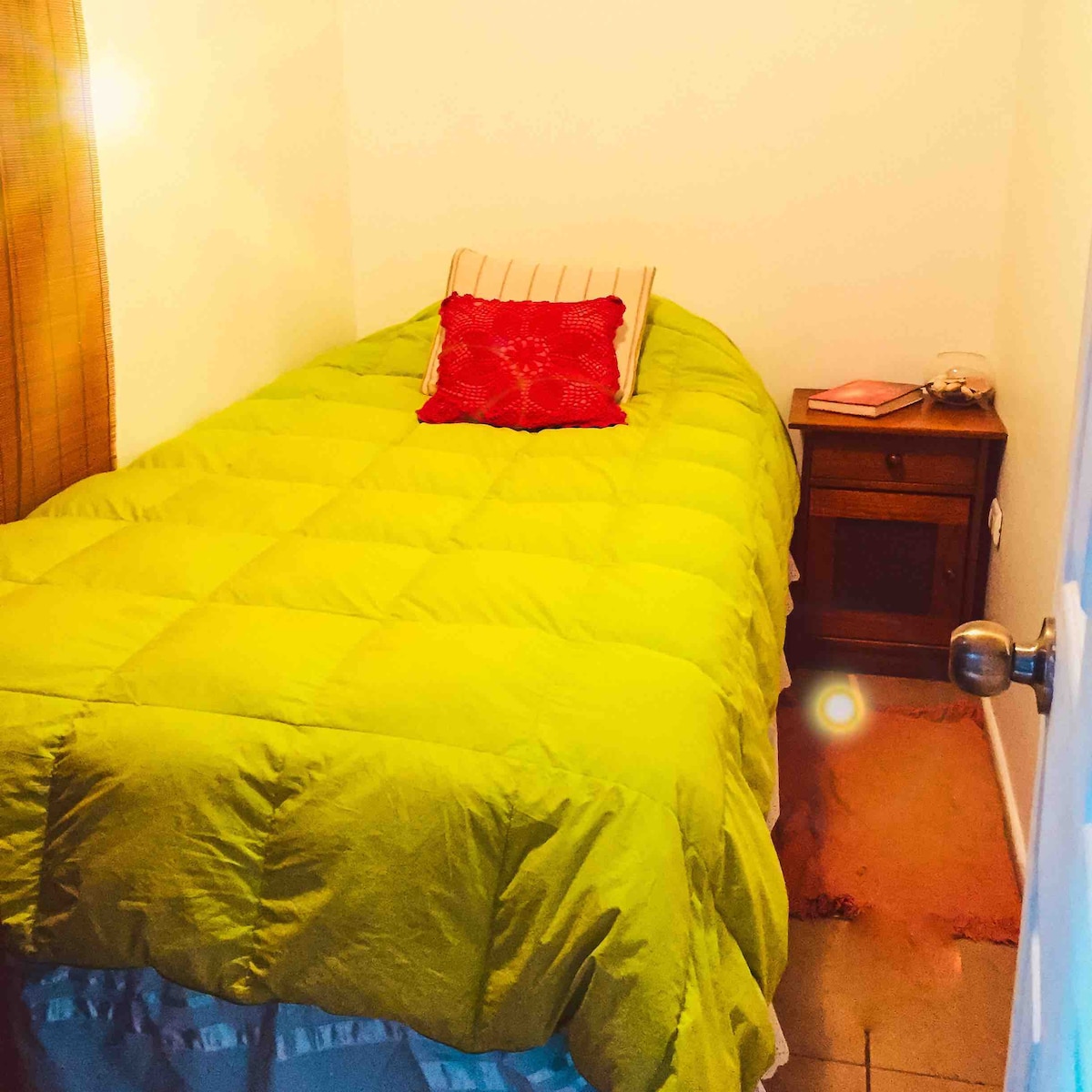 A cozy sleeping space features a single bed with a bright green comforter and a decorative red pillow. A small nightstand is positioned beside the bed, accompanied by a reading lamp. Natural light enters through sheer curtains, softly illuminating the room.