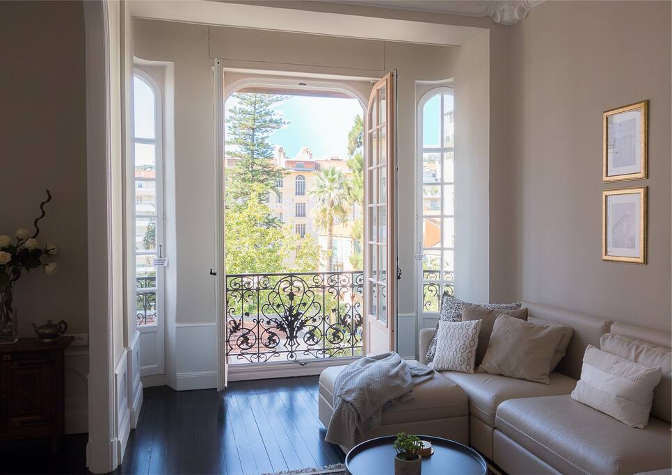 Views from the living room. Palm trees on the opposite side of the street. You are in Cote d Azur.