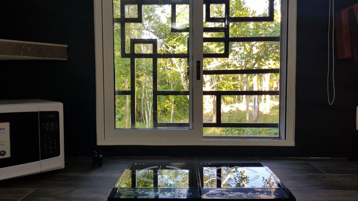 A modern kitchen area showcases a unique window design that frames a view of the surrounding greenery. A microwave and kitchen surface are visible, providing essential amenities in the space. Natural light illuminates the room, creating a cheerful atmosphere.