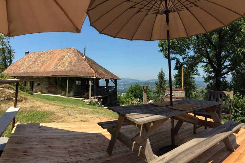 An outdoor wooden deck is equipped with a picnic table and large umbrella, providing shade. In the background, a rustic house is visible among the trees, with mountain views extending beyond. The area features a grassy lawn and flower bushes, creating a relaxed atmosphere.