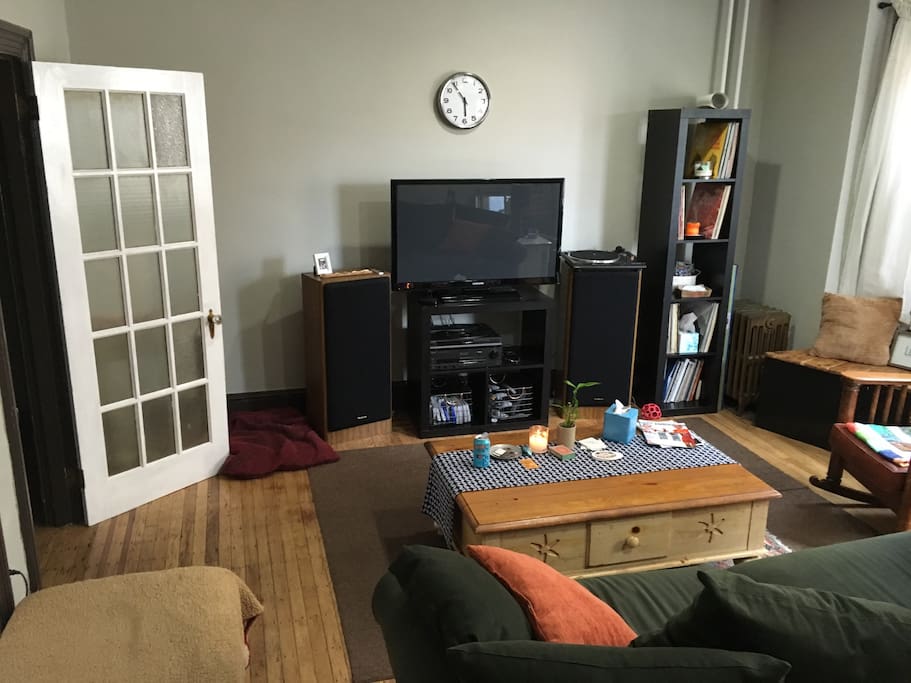 Apple TV with lots of channels hooked up. Gorgeous early morning light with the bay window.