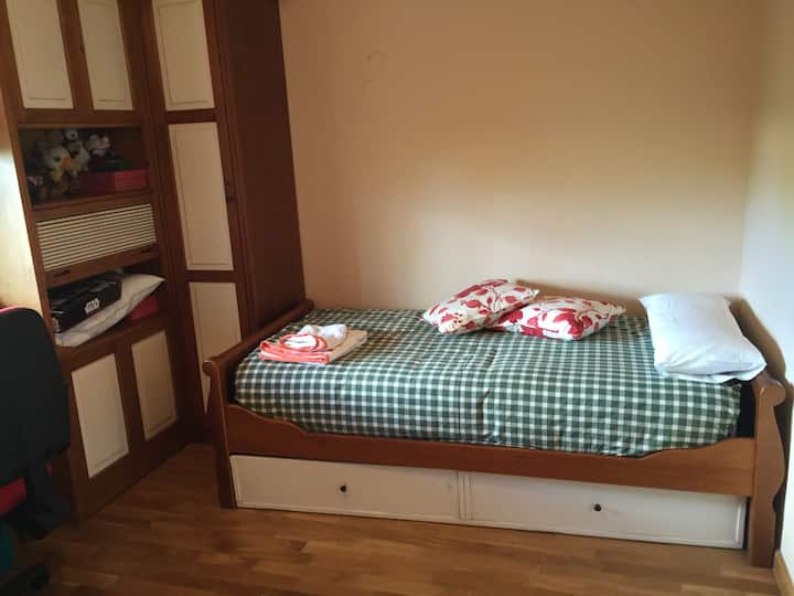 A room with a fold out bed and a work table.